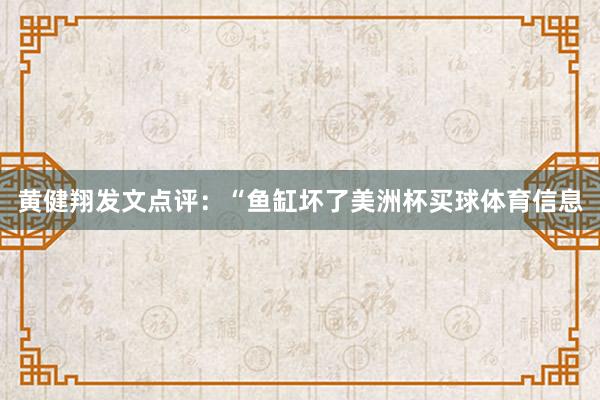 黄健翔发文点评：“鱼缸坏了美洲杯买球体育信息